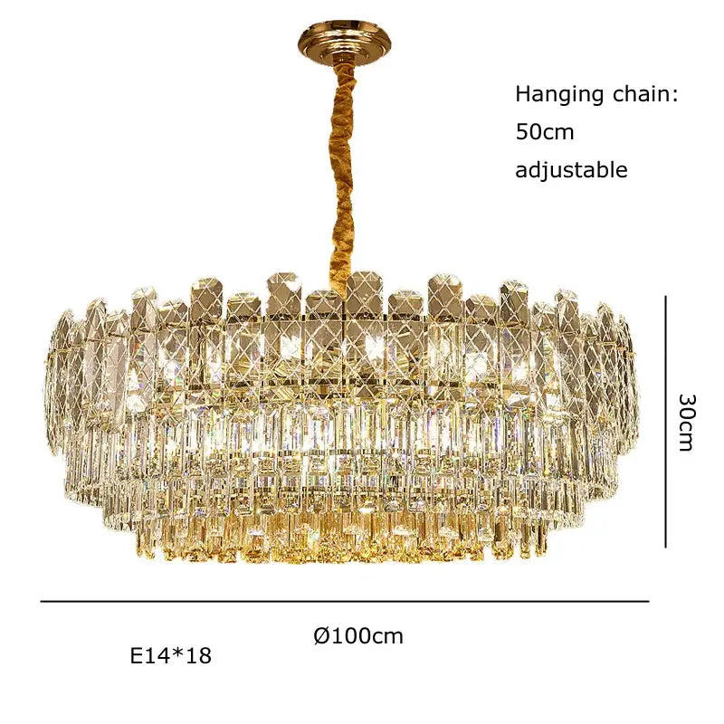 Luxurious decorbites gold lustre chandelier with gold-toned crystal rods and braided hanging chain for dining room lighting