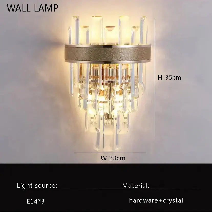 A modern postmodern decorbites gold lustre chandelier with metallic ring base and clear crystal prisms for dining rooms
