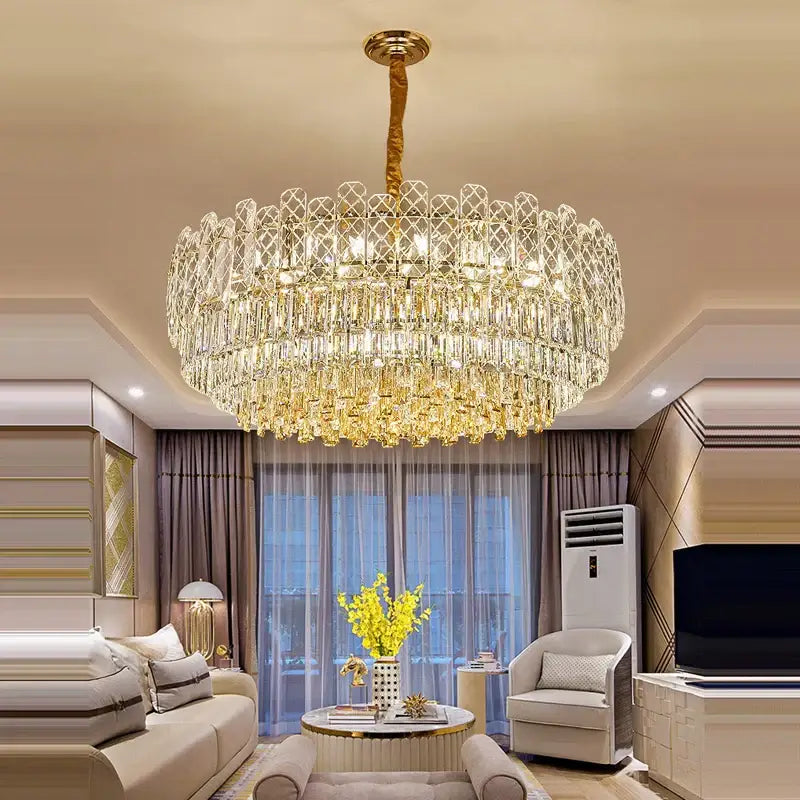 Postmodern decorbites gold lustre chandelier with gold-toned crystal tiers and brass fixture for dining room lighting