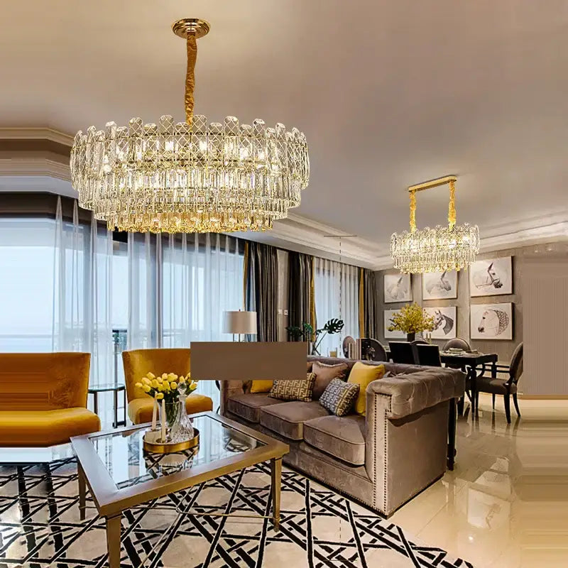 Postmodern decorbites gold lustre chandelier with tiered circular design and hanging glass elements for dining room lighting