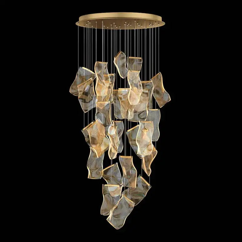 A modern decorbites golden love paper chandelier with amber glass pieces and gold-toned circular ceiling mount