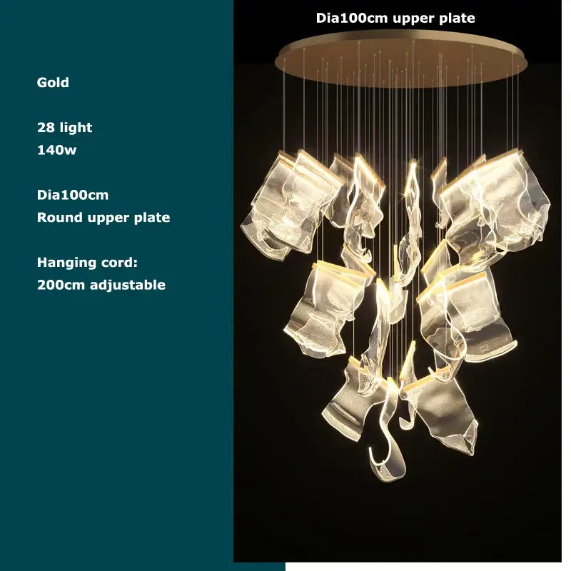 Postmodern decorbites golden love paper chandelier with 28 illuminated translucent glass elements in gold tone