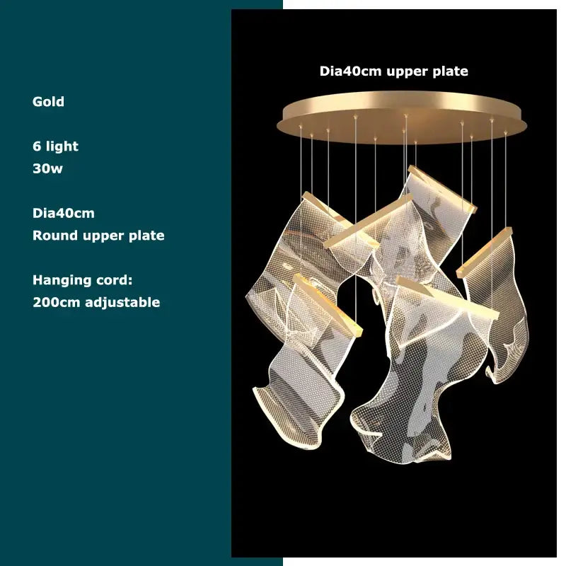 Postmodern decorbites golden love paper chandelier with six gold-finished mesh pendant lights for foyer illumination