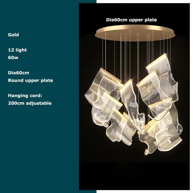 Gold-toned decorbites golden love paper chandelier with 12 illuminated translucent mesh pendants for foyer led lighting