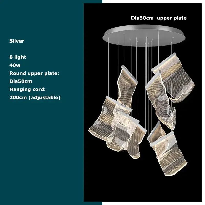Silver modern decorbites golden love paper chandelier with eight lights and mesh pendant elements suspended by adjustable cords