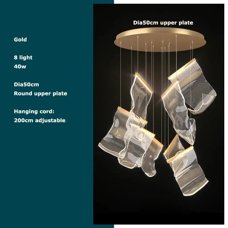 Postmodern decorbites golden love paper chandelier with eight gold-toned mesh shades for foyer led lighting