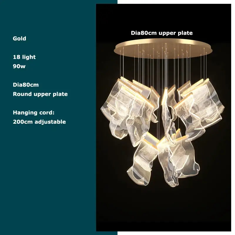 Postmodern decorbites golden love paper chandelier with 18 illuminated golden love paper mesh elements suspended from a circular plate
