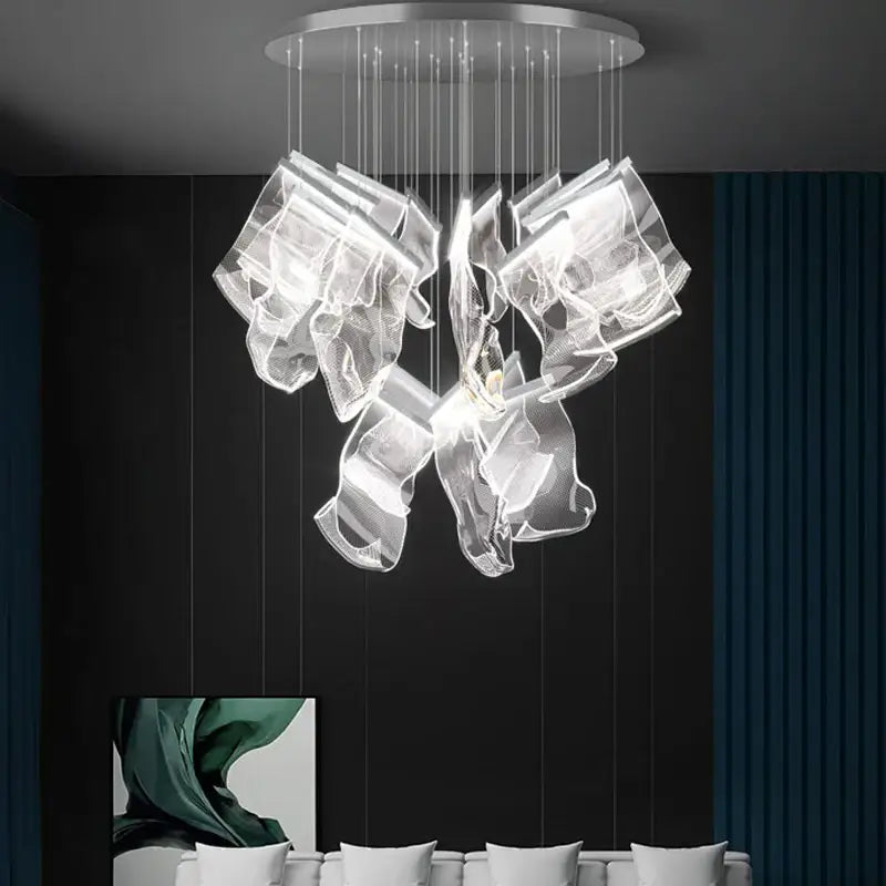 A modern transparent glass love paper chandelier with sleek silver mount by decorbites golden love for foyer lighting