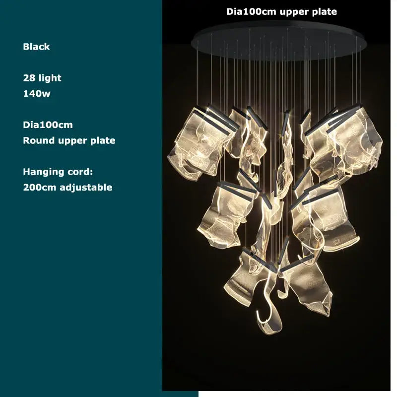 Modern black decorbites golden love paper chandelier with 28 glass-like illuminated pendants suspended from round plate