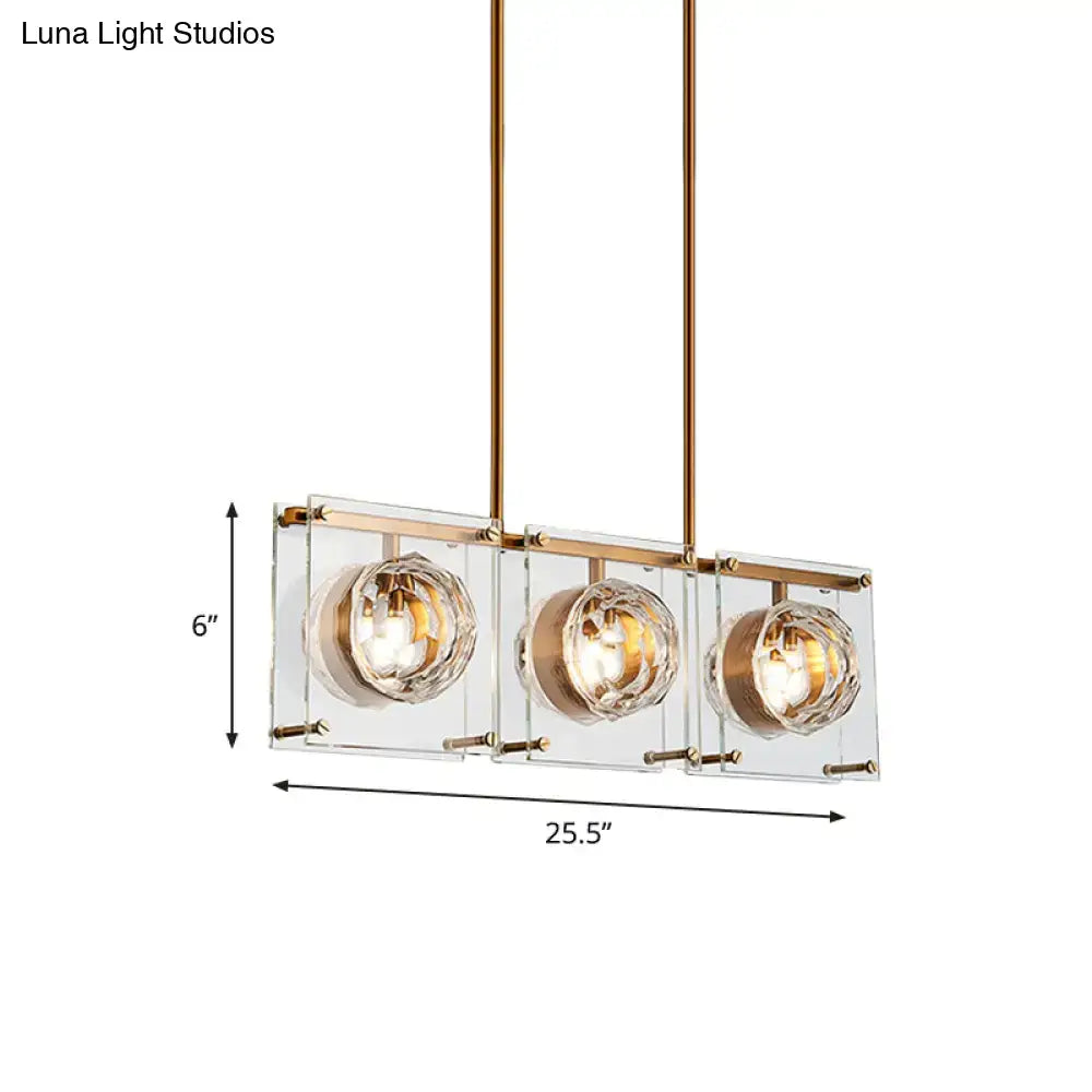 Postmodern gold and clear glass 3-light kitchen island light with rectangular pendant and crystal globe bulbs