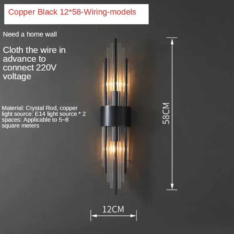 Postmodern gold and decorbites crystal copper wall lights with black metal frame and vertical crystal copper rods for bedroom decor