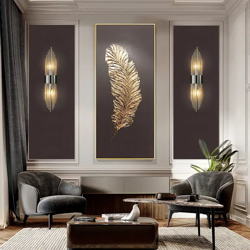 Postmodern gold and crystal copper wall lights featuring a metallic golden feather-shaped decorbites crystal copper wall art piece