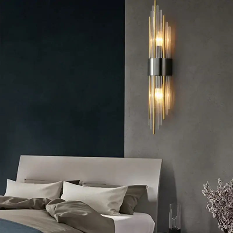 Modern wall lights with vertical crystal copper rods and gold metallic accents emitting warm glow for bedroom decorbites crystal copper wall