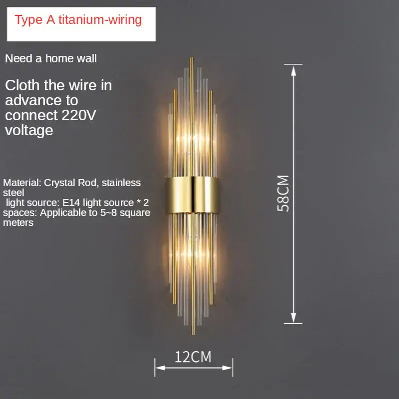 Postmodern gold wall lights with crystal copper rods and stainless steel accents for bedroom decorbites crystal copper wall