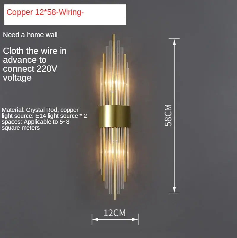 Postmodern gold-toned wall lights with vertical crystal copper rods and central copper band for bedroom decorbites crystal copper wall