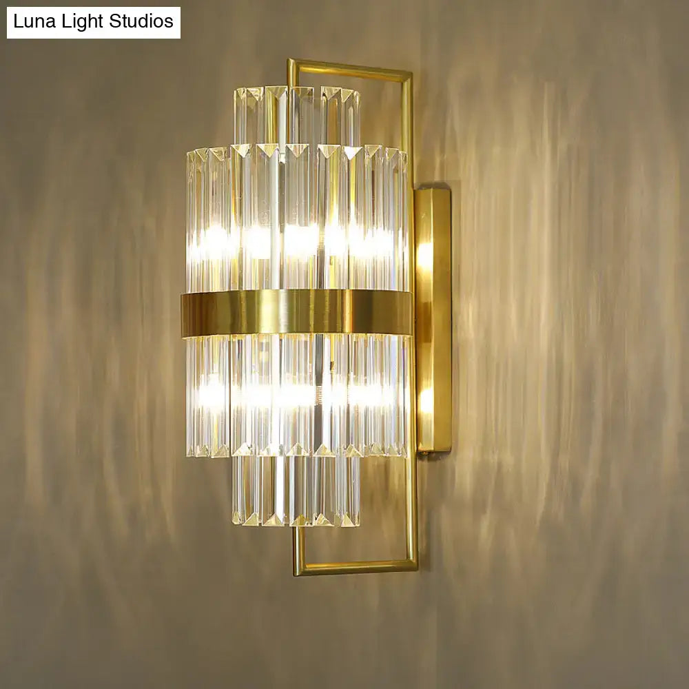 Postmodern gold and crystal wall sconce with tiered crystal rods and brass band direct wired electric 220v-240v 110v-120v