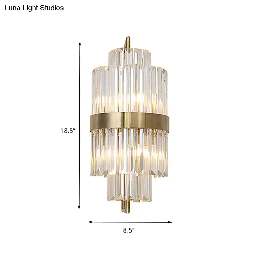 Postmodern gold and crystal wall sconce with brushed gold frame and clear glass rods direct wired electric 220v-240v 110v-120v