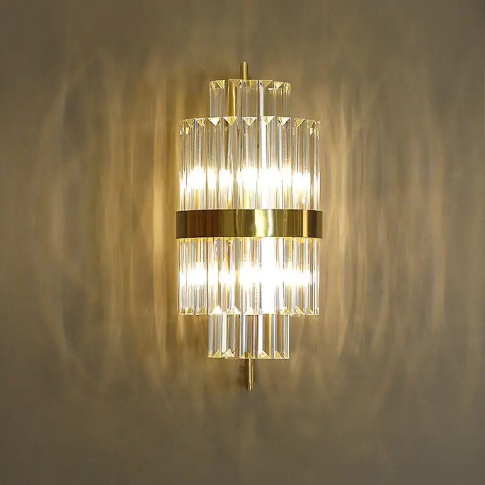 Postmodern gold and crystal wall sconce with tiered crystal rods and brass band direct wired electric 220v-240v 110v-120v