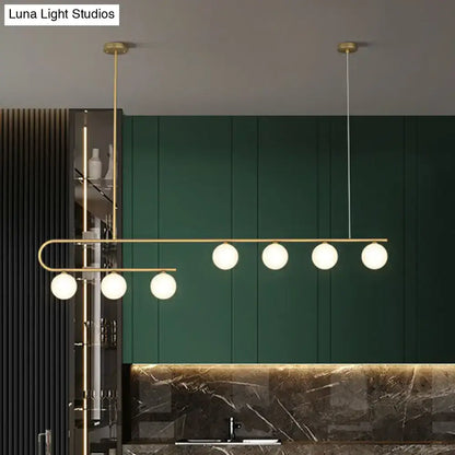 Modern brass DecorBites™ postmodern gold linear island pendant light with five ivory ball glass bulbs LED hanging lamp