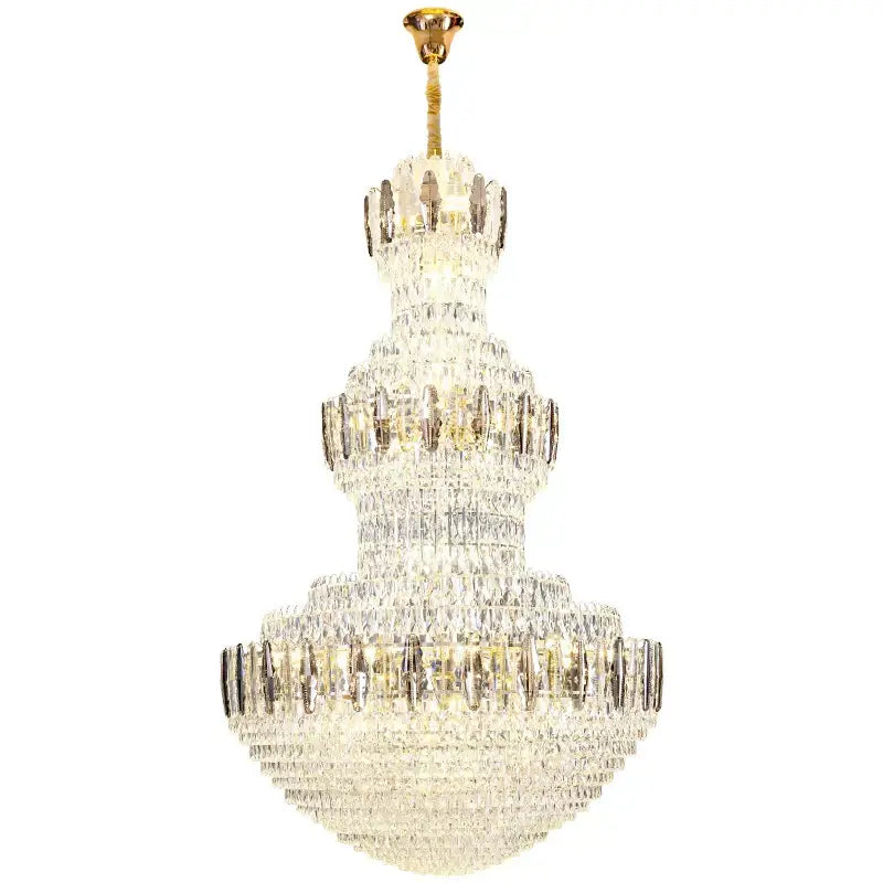 A postmodern decorbites crystal chandelier with gold and silver finish featuring cascading clear faceted crystals