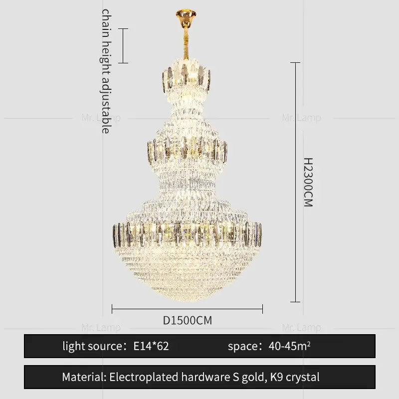 Elegant postmodern gold and silver decorbites crystal chandelier with cascading k9 crystals for luxury spaces
