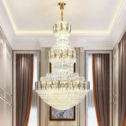 Postmodern gold and silver decorbites crystal chandelier with cascading clear faceted crystals for hotel lobby lighting