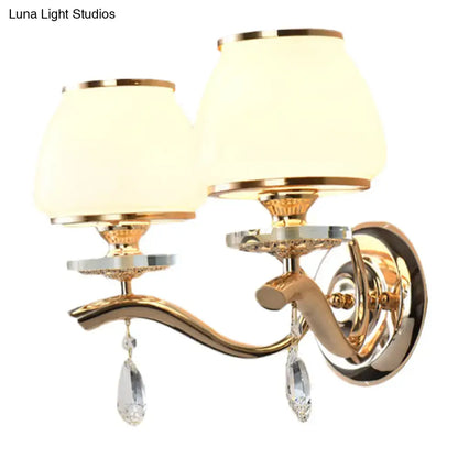 Postmodern gold wall sconce with white glass shades and crystal drop pendants direct wired for bedroom lighting