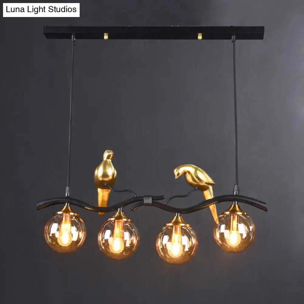 DecorBites sleek postmodern bird deco pendant light with gold metal branch and four amber glass bulbs for 110v-120v use