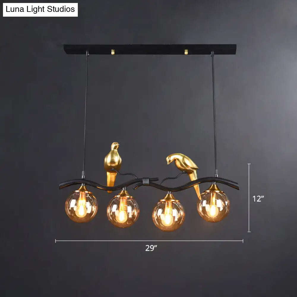 Decorbites sleek postmodern 4-bulb ceiling pendant light with gold bird deco and amber glass globes for led incandescent fluorescent 110v-120v 220v-240v use