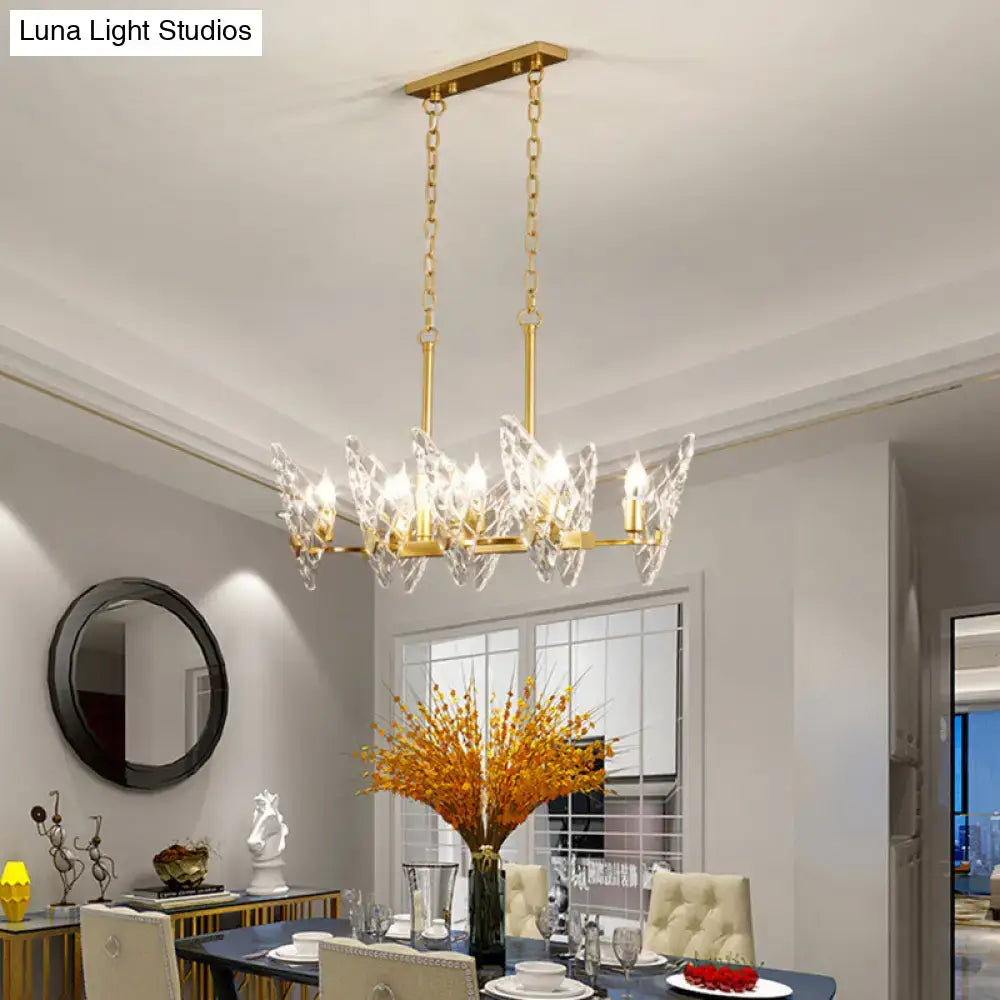 Gold-toned butterfly chandelier with clear crystal accents on rectangular ceiling mount compatible with e12 e14 bulb base 220v-240v