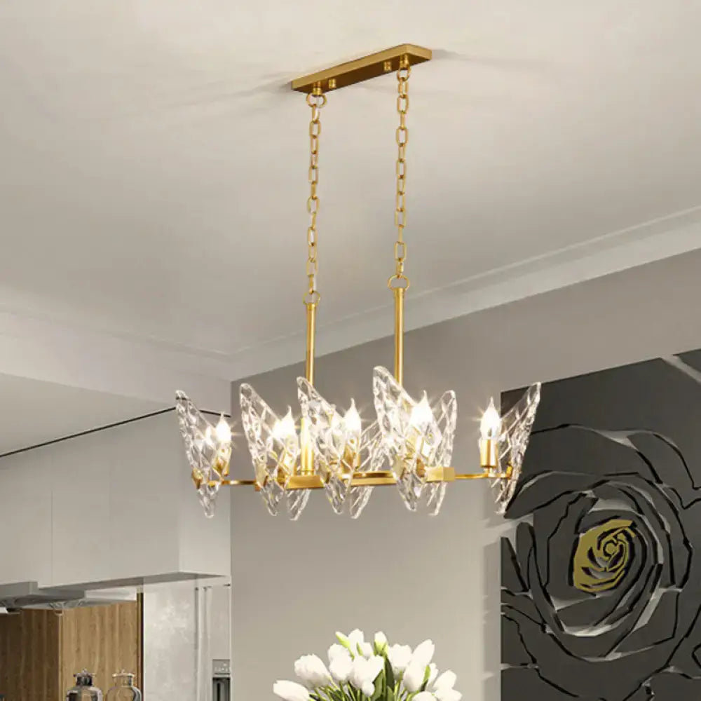 Gold-toned butterfly chandelier with clear crystal wings and brass frame for 220v-240v e12 e14 bulb base lighting