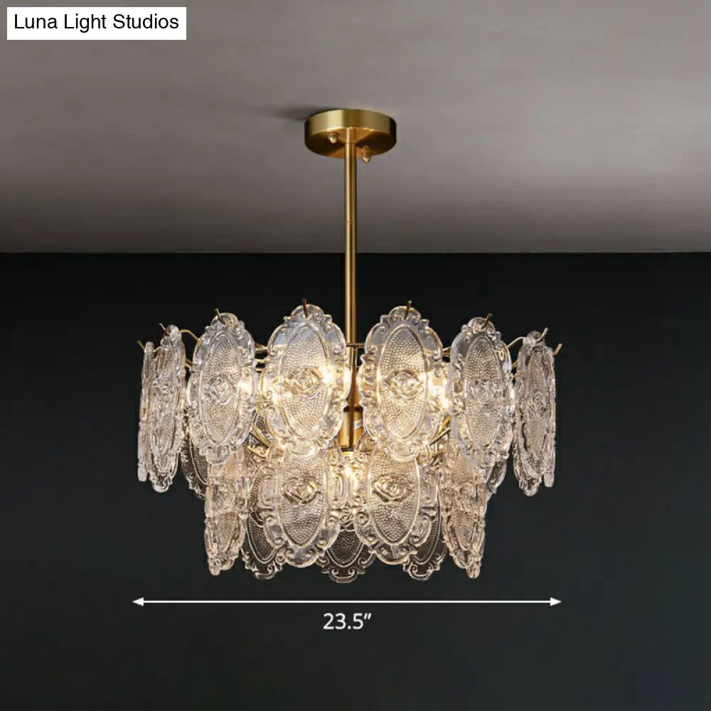 Postmodern Gold Chandelier with Carved Glass Tiers for Dining Room Lighting