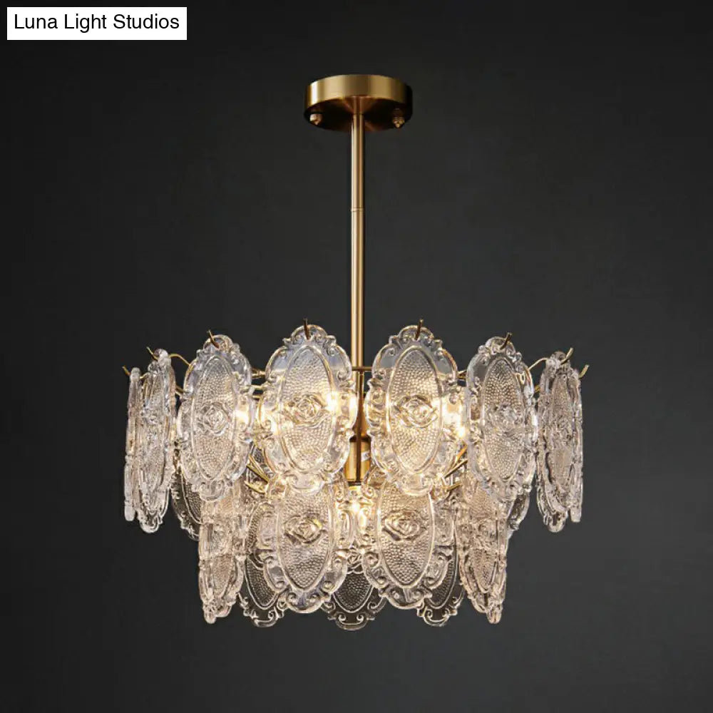 Postmodern Gold Chandelier with Carved Glass Tiers for Dining Room Lighting