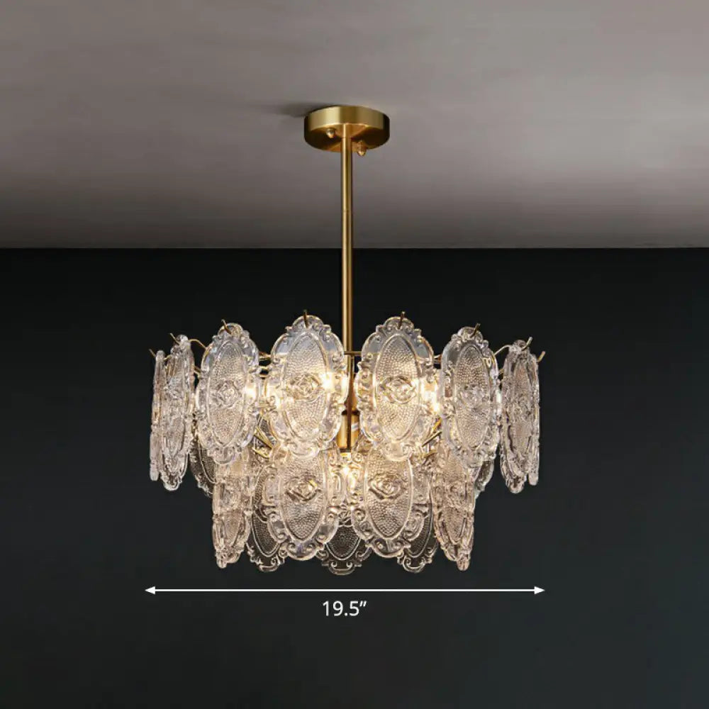 Postmodern Gold Chandelier with Carved Glass Tiers for Dining Room Lighting