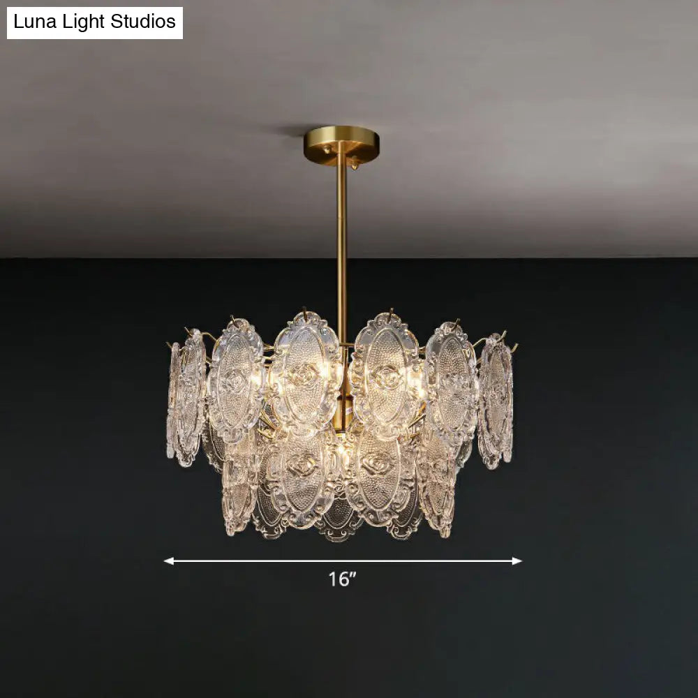 Postmodern Gold Chandelier with Carved Glass Tiers for Dining Room Lighting