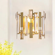 Postmodern gold wall light fixture with clear crystal block accents for living room decor