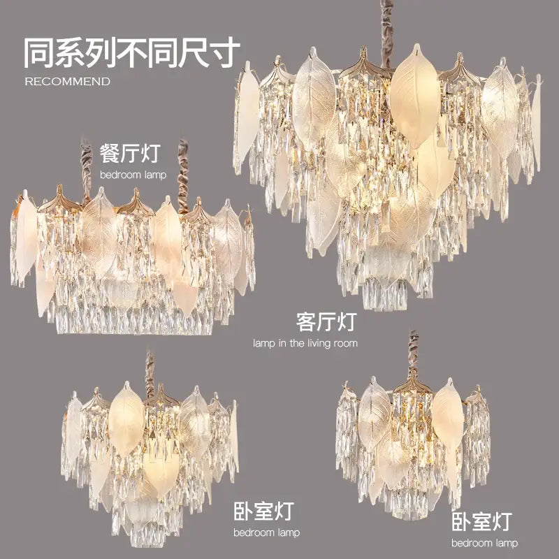 Postmodern gold crystal leaves chandelier with translucent frosted glass leaves and decorbites crystal droplets for living room decor