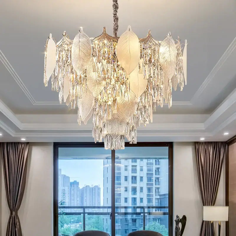 Postmodern gold crystal leaves chandelier with frosted glass leaves and dangling crystals by decorbites crystal leaves decor