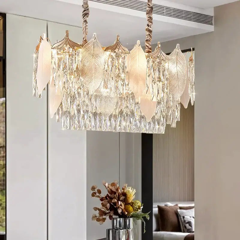 Postmodern gold crystal leaves chandelier with intricate leaf-shaped crystal pendants for living room decorbites crystal leaves