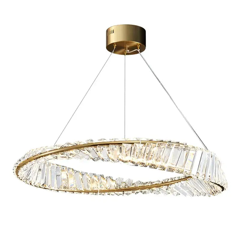 Postmodern gold crystal ring light chandelier with two concentric faceted crystal prism rings by decorbites crystal ring