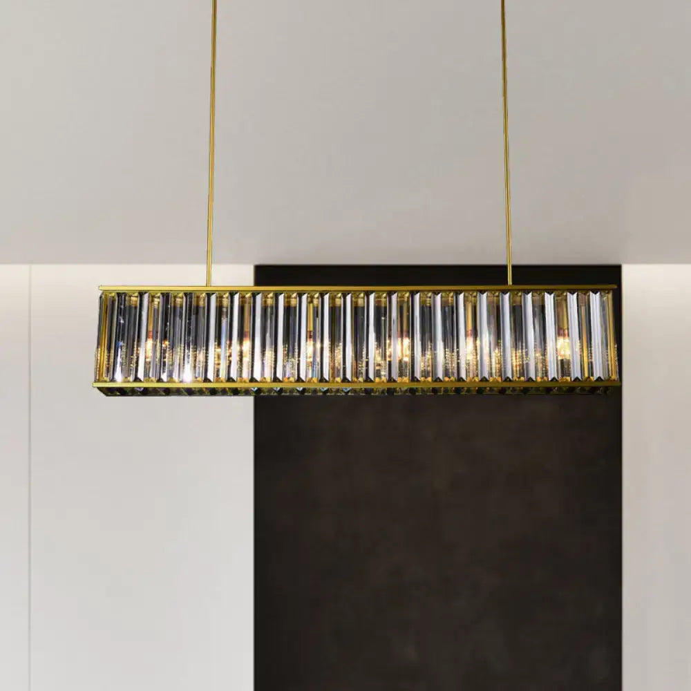 Decorbites™ gold crystal rod island light with rectangular shade shape and faceted crystal rods in metal frame