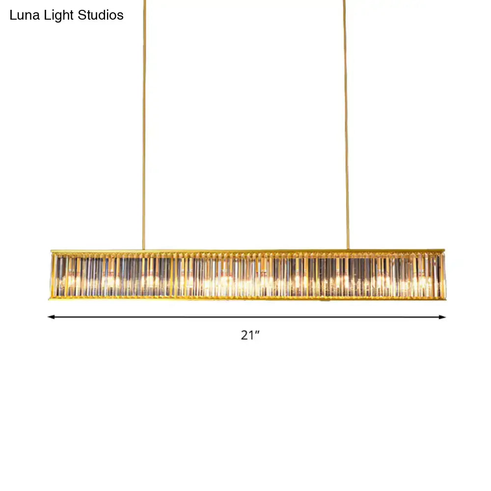 DecorBites gold crystal rod island light features gold-toned rectangular shade shape with vertical crystal rods, 21-inch length