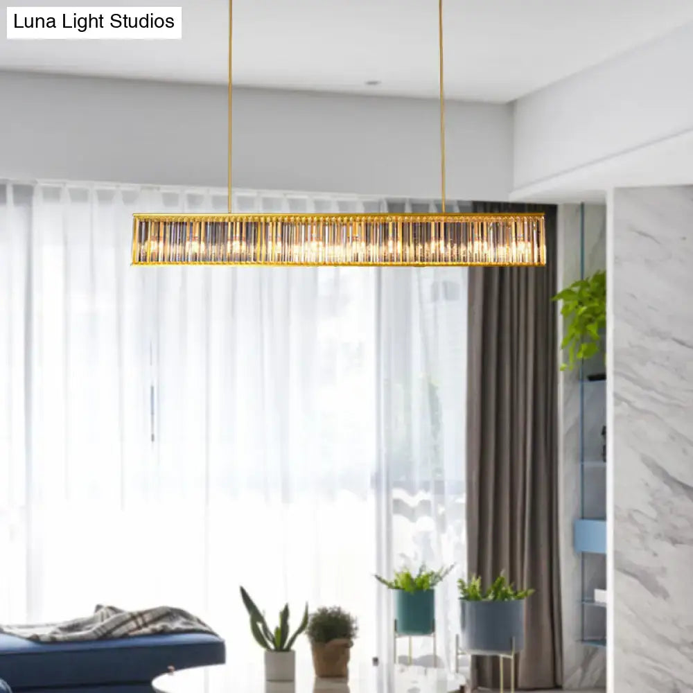 Decorbites gold crystal rod island light with four gold-toned rectangular shade shape heads and vertical rods