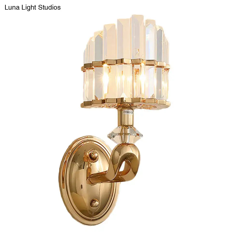 Postmodern gold wall light with cascading clear faceted crystal rod prisms for 110v 120v and 220v 240v use