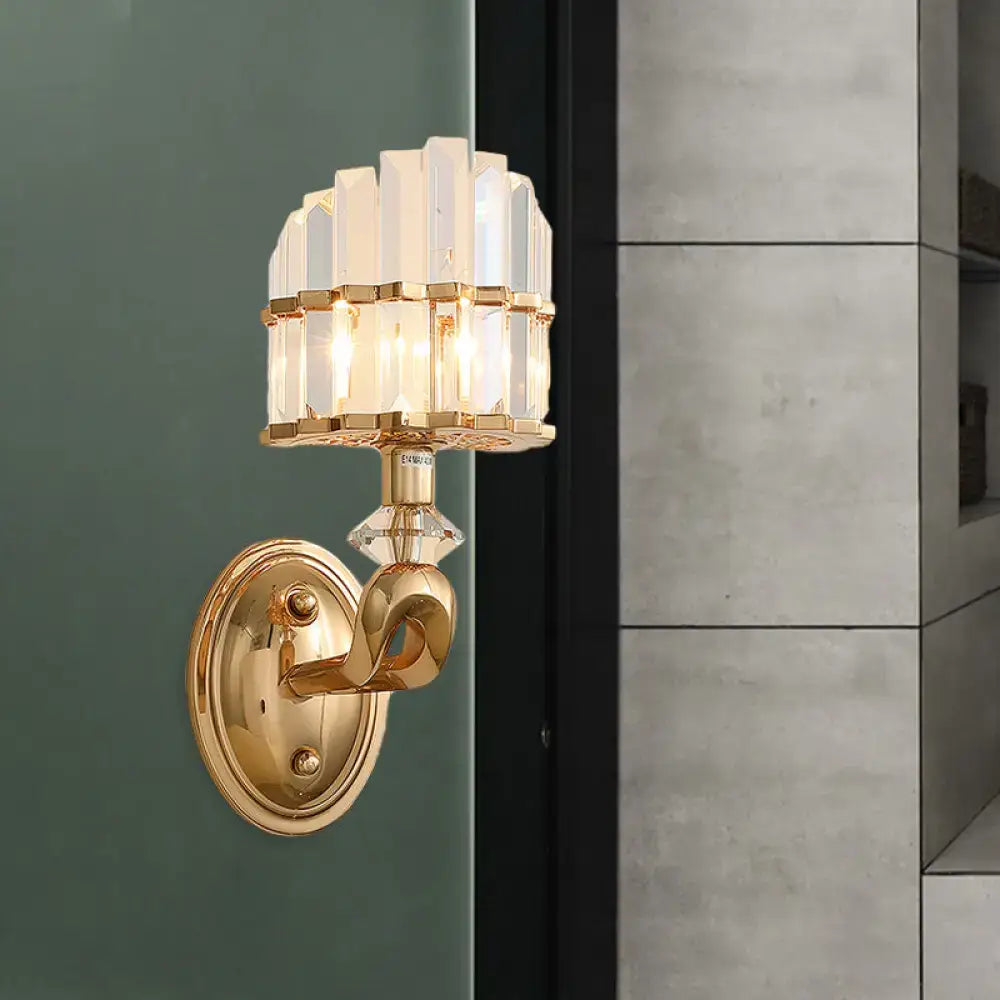 Postmodern gold wall light with tiered crystal rod prisms and central crystal drop suitable for 110v-120v and 220v-240v use