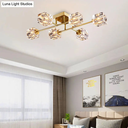 DecorBites™ DecorBites™ Postmodern Gold Crystal Semi Flush Mount Ceiling Light - Cubic Dimpled Design (4/6 Heads)