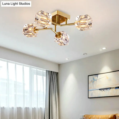 DecorBites™ DecorBites™ Postmodern Gold Crystal Semi Flush Mount Ceiling Light - Cubic Dimpled Design (4/6 Heads)