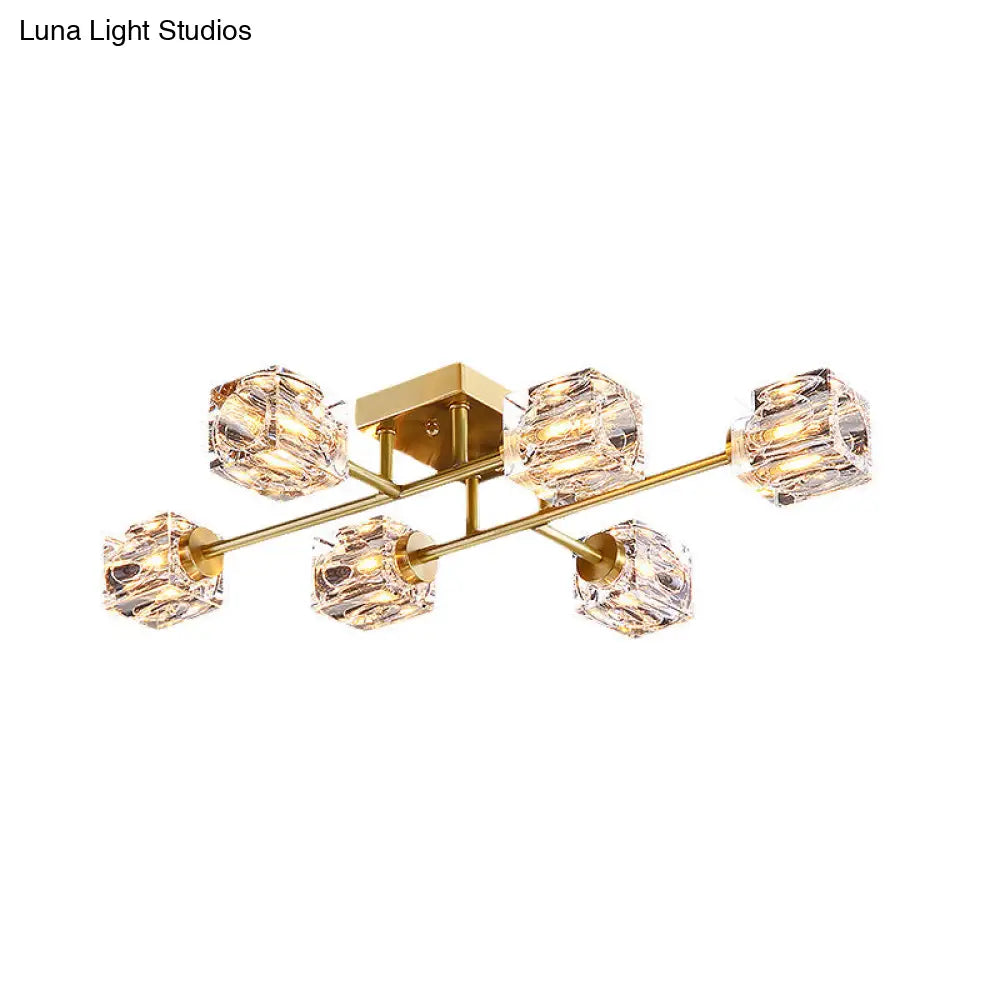 DecorBites™ DecorBites™ Postmodern Gold Crystal Semi Flush Mount Ceiling Light - Cubic Dimpled Design (4/6 Heads)