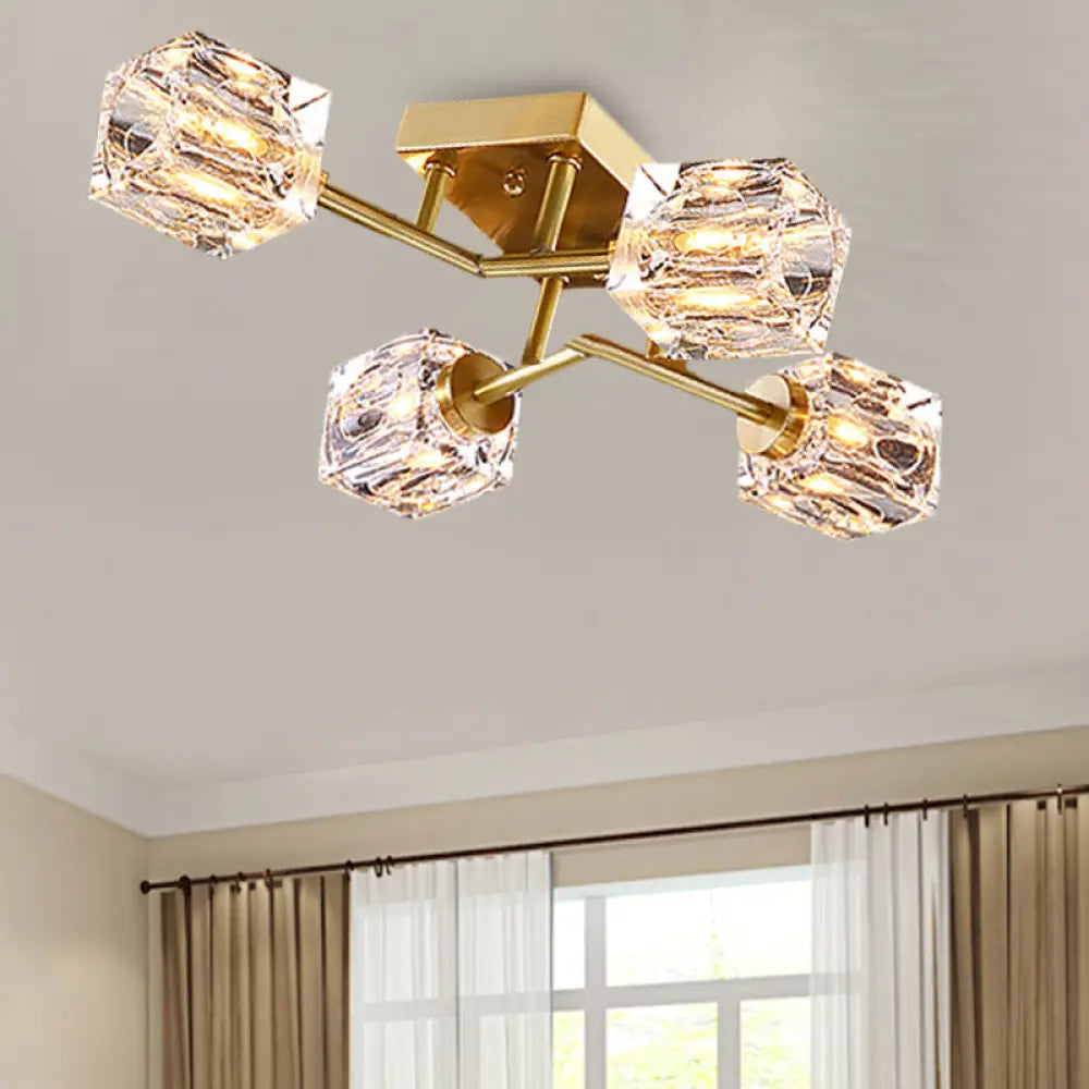 DecorBites™ DecorBites™ Postmodern Gold Crystal Semi Flush Mount Ceiling Light - Cubic Dimpled Design (4/6 Heads)
