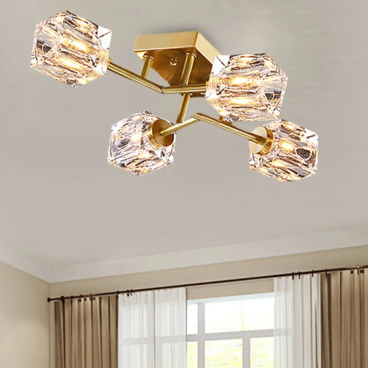 DecorBites™ DecorBites™ Postmodern Gold Crystal Semi Flush Mount Ceiling Light - Cubic Dimpled Design (4/6 Heads)